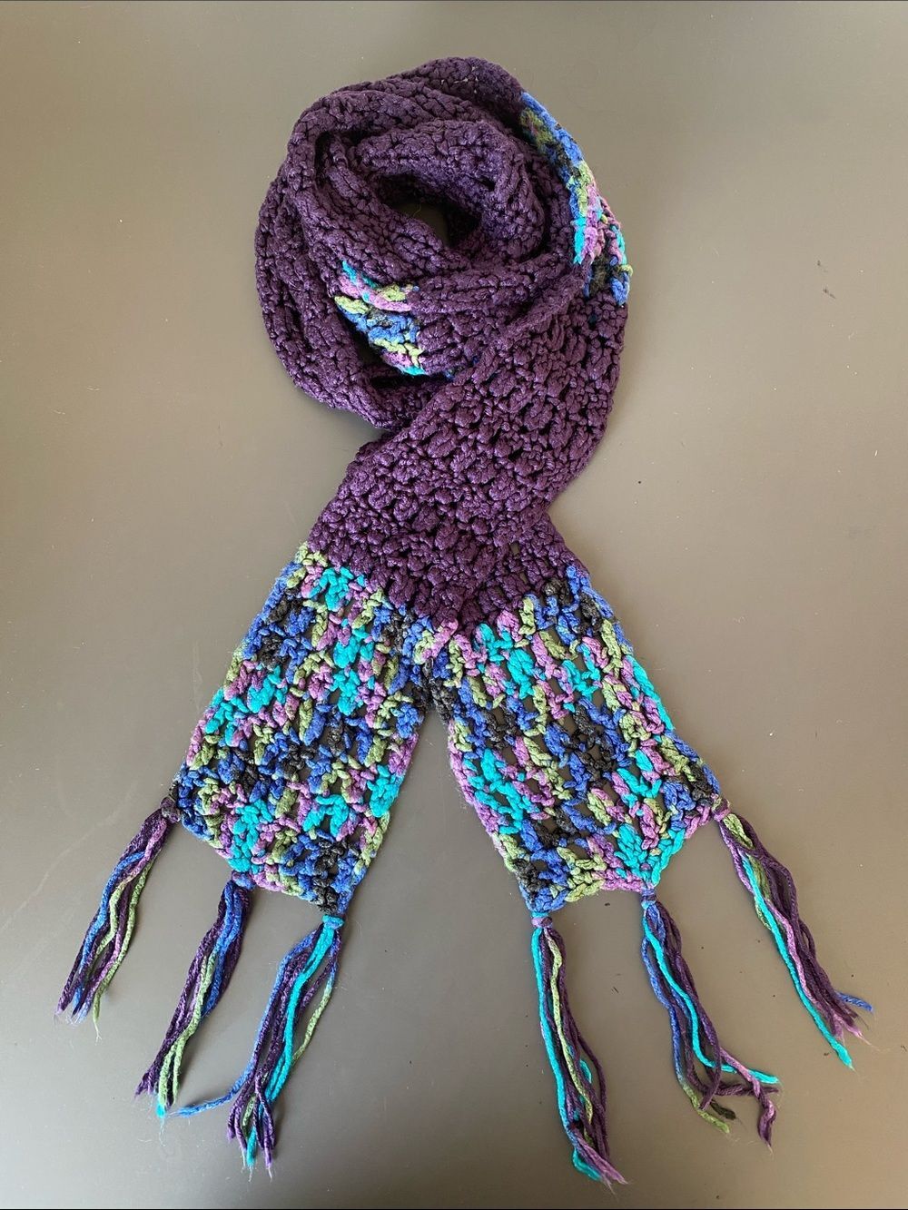 Vintage Deep Purple & Blue Skinny Long Crochet Knit Scarf Fringe Boho Festival